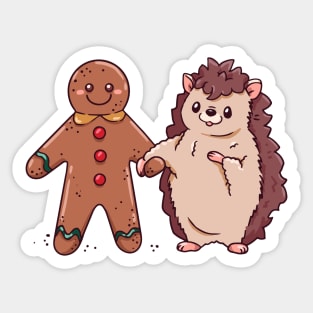 Cute Cartoon Christmas Hedgehog with Gingerbread Man Sticker